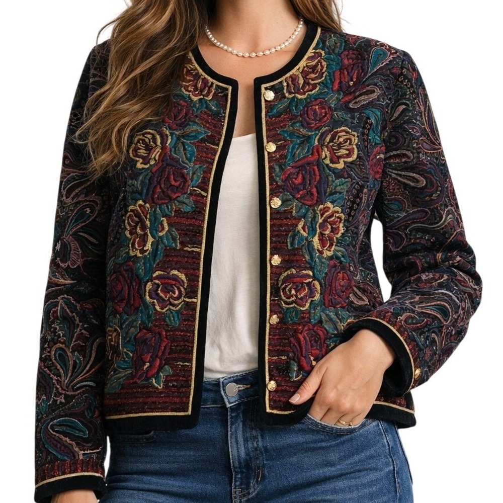 Vtg Saxton Hall‎ Embroidered Velvet Jacket 16 Floral Quilted Cottagecore Boho